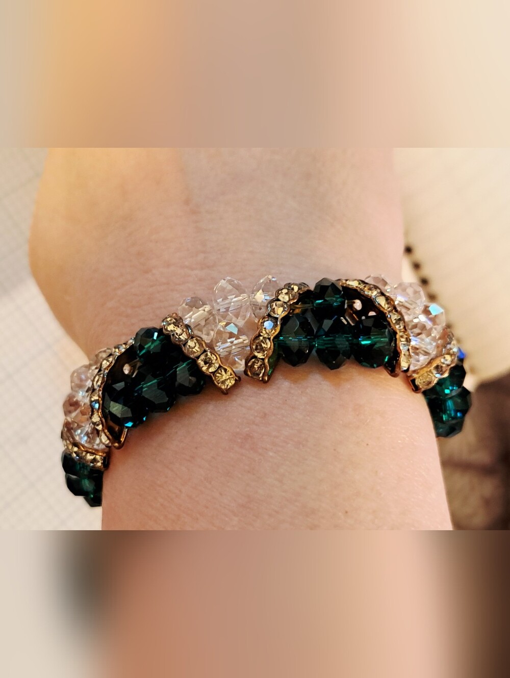Elegant Crystal and Emerald Bead Bracelet With Gold Diamond Spacers